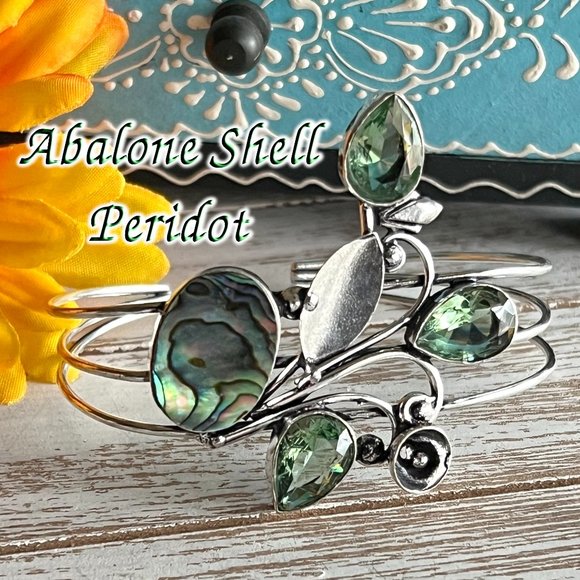 Abalone Shell Peridot Bangle Bracelet Handmade Stone Gemstone Crystal 925 Silver - Picture 12 of 13
